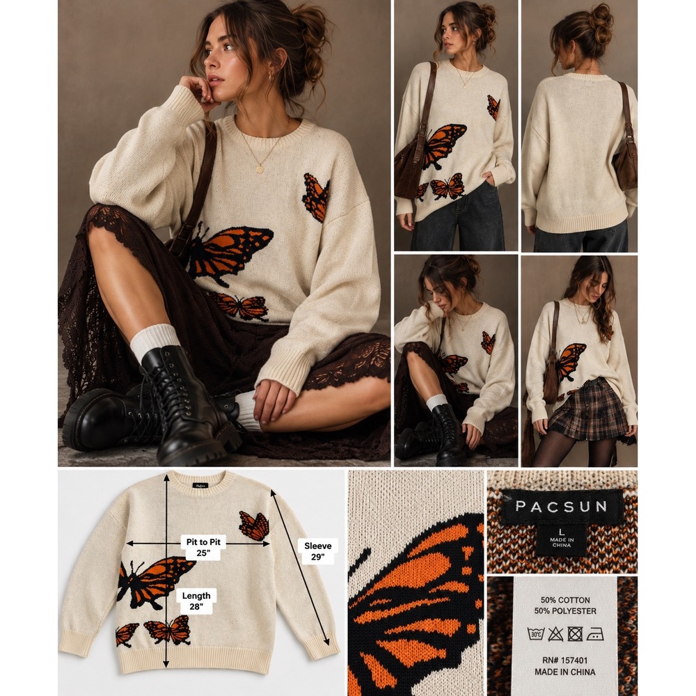 PacSun Butterfly Knit Sweater L Cream Whimsigoth Fairy Grunge Y2K Oversized